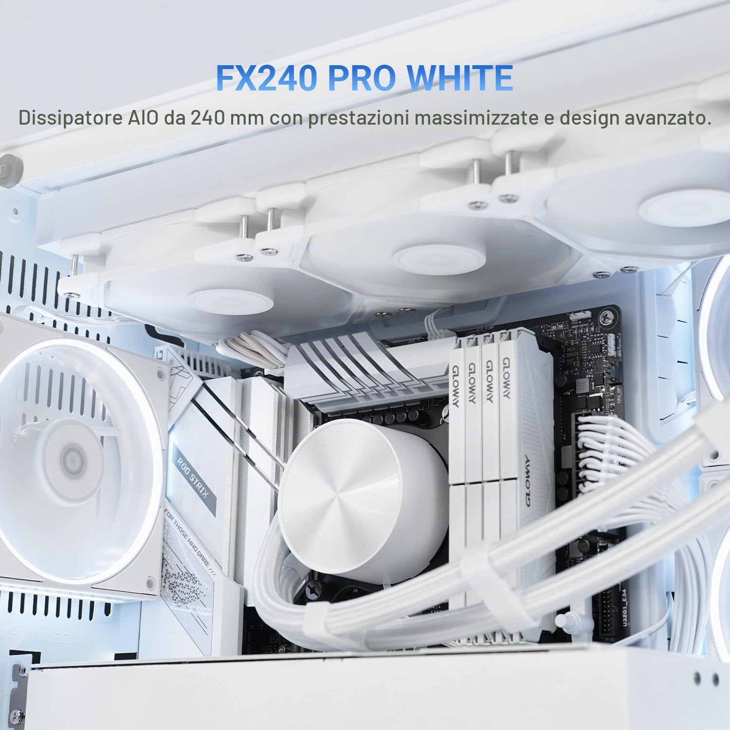 ID-COOLING FX240 PRO WHITE - Dispositivo di raffreddamento per CPU a liquido per desktop, 240 mm, 2 ventole ad alta efficienza da 120 mm, intestazione speciale per pompa con motivo CD, compatibile con