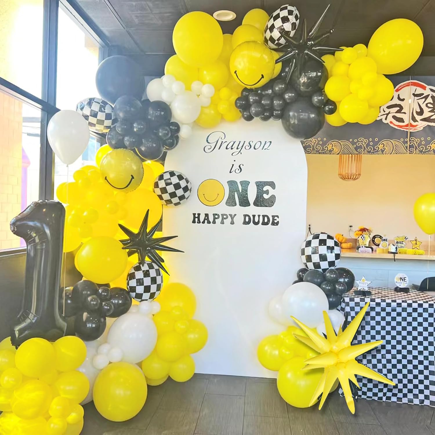 One Happy Dude Party Balloon Arch Garland Kit,148Pcs Black White Yellow Balloon and Checkered Foil Balloon for Boys Birthday Party Decorations,One Happy Dude for Baby Shower Party Supplies - Image 4
