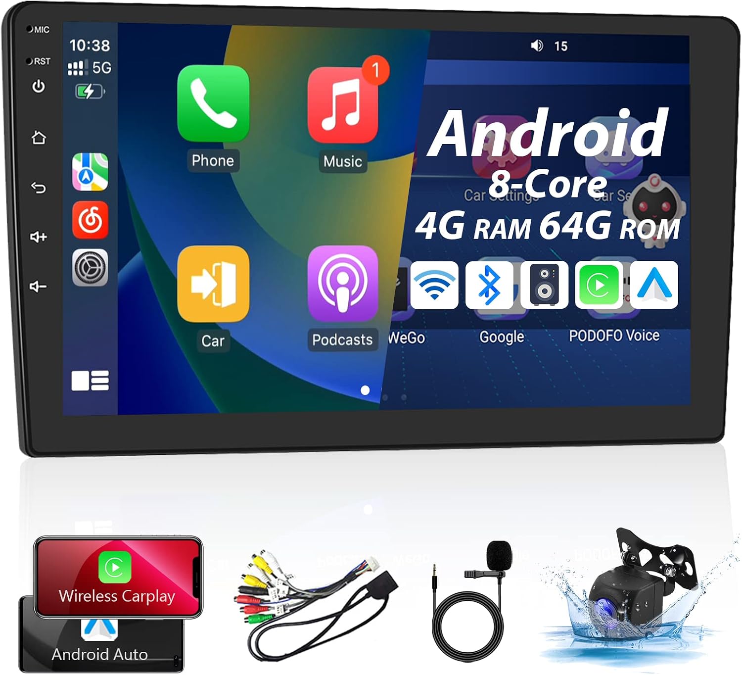 4+64G Wireless Apple Carplay Double Din Android Car Stereo with Android Auto 10" IPS Touchscreen Bluetooth 5.0 AHD Backup Camera Car Radio Support AM/FM/RDS GPS Navigation WiFi 4G DSP/36 Band EQ