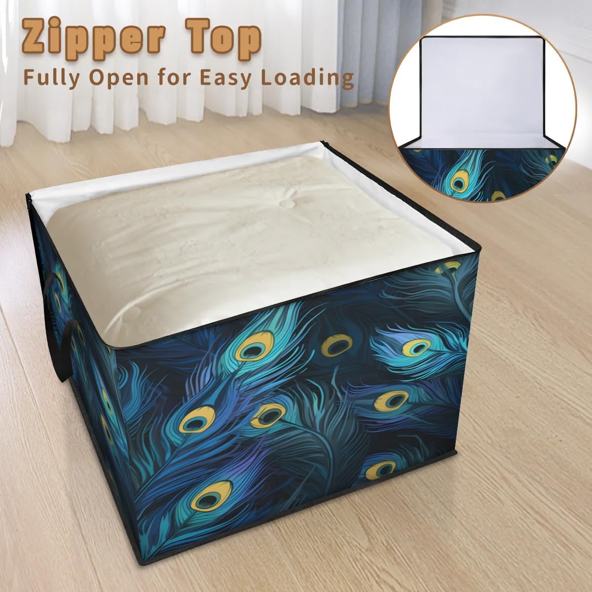 Honeybaby 214L Extra Large Comforter Storage Bag Feather Peacock Storage Totes with Lids Waterproof Closet Organizer Folding Blanket Storage Bags for Clothes Bedding Pillows