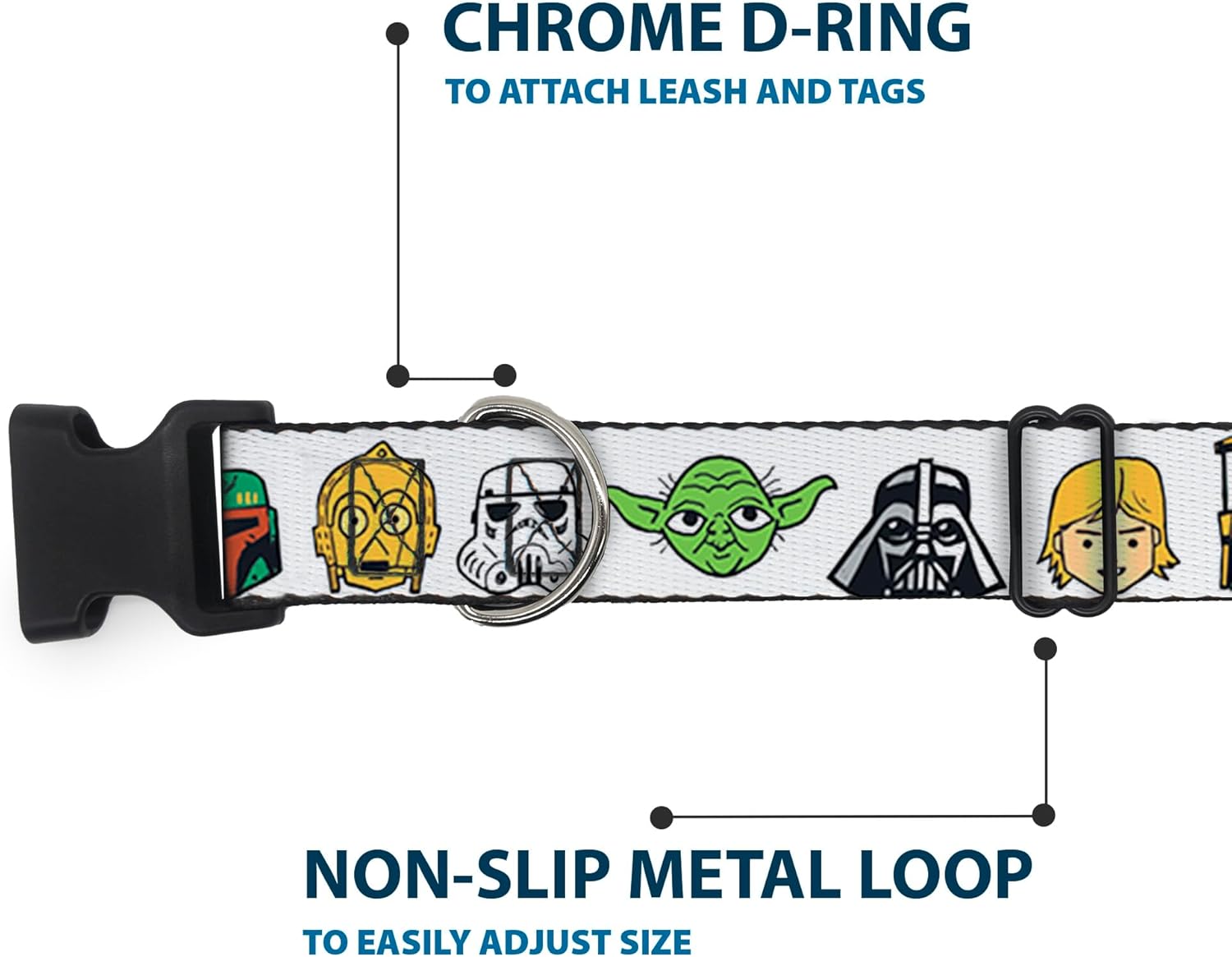 Star Wars Pet Collar, Dog Collar Plastic Buckle, Star Wars 6 Character Faces White, 16 to 23 Inches 1.5 Inch Wide