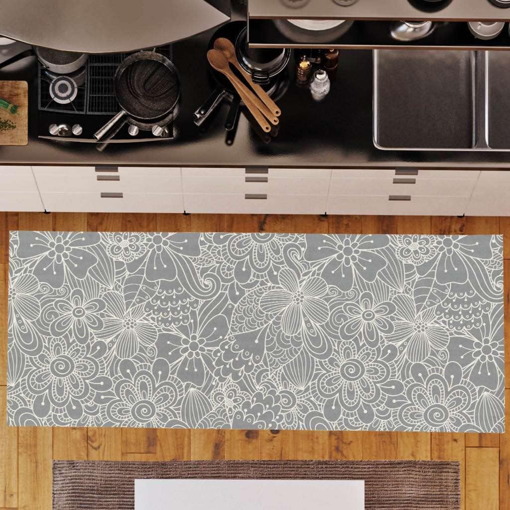 Benissimo-Multy Mats, 24” x 62” Ultra-Thin (1/10 Inch) Kitchen Mat Rubber Backing, Waterproof, Low Profile, Durable & Non Slip, Indoor Floor Mat for Entry, Patio, Busy Areas, Gray Floral Line Doodle
