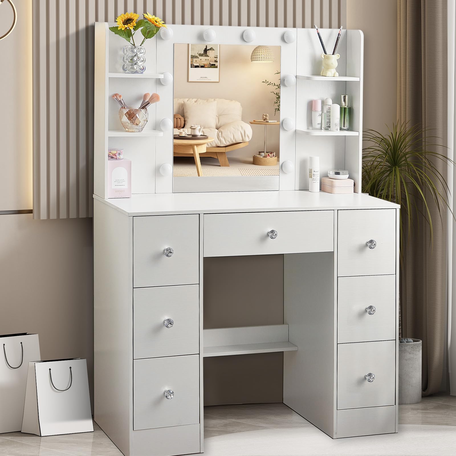 Saimeihome Dressing Table with Lights Mirror | Adjustable Brightness White Vanity Desk with 7 Drawers & 6 Shelves | 100x40x140cm Makeup Table for Bedroom 100x40x140cm