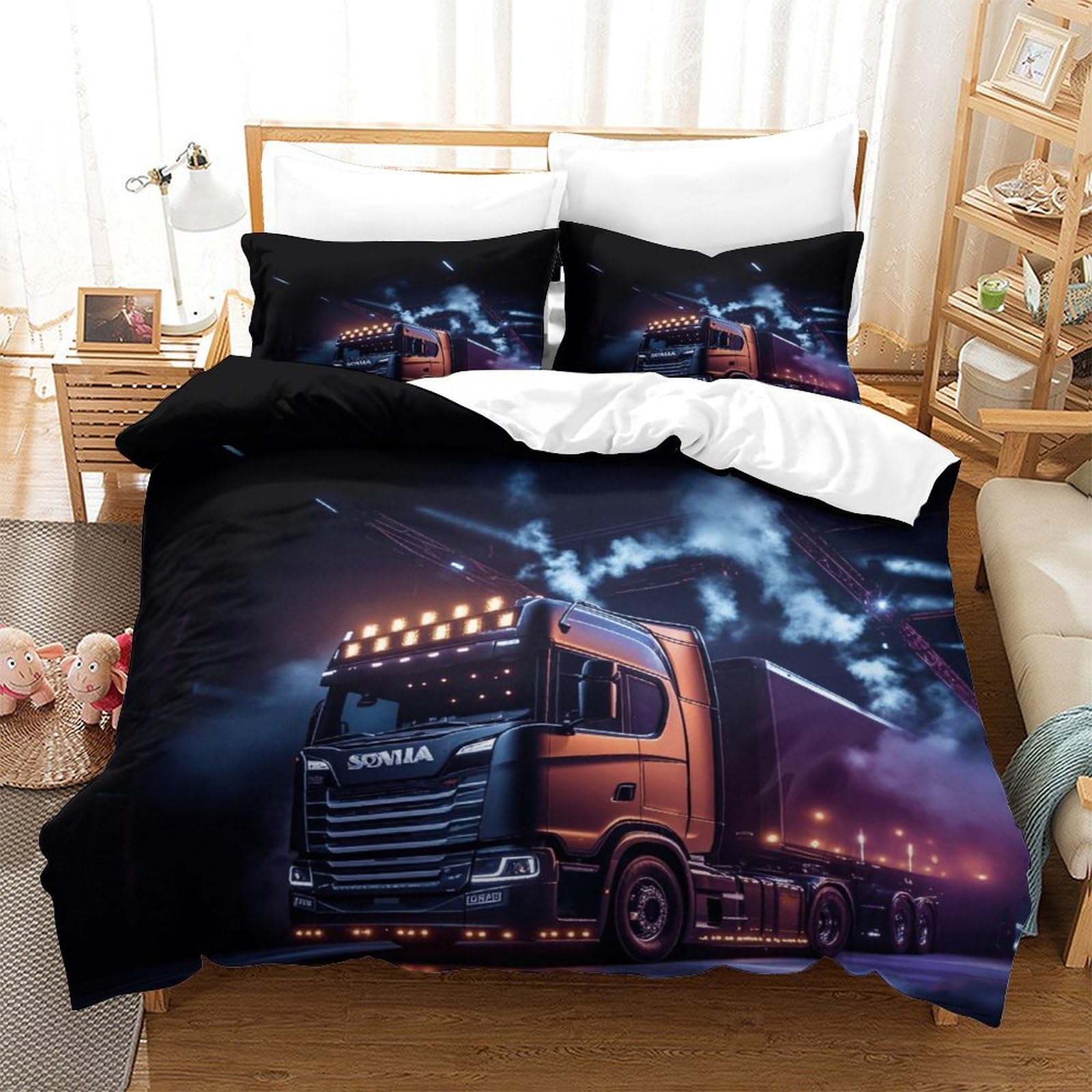XiaopangXY Lorry Washable Duvet Cover Set Hidden Zipper Truck Quilt Cover Set with Pillowcases Bedding Set Soft Microfiber Bed Linen Set for Kids & Adults Double（200x200cm）