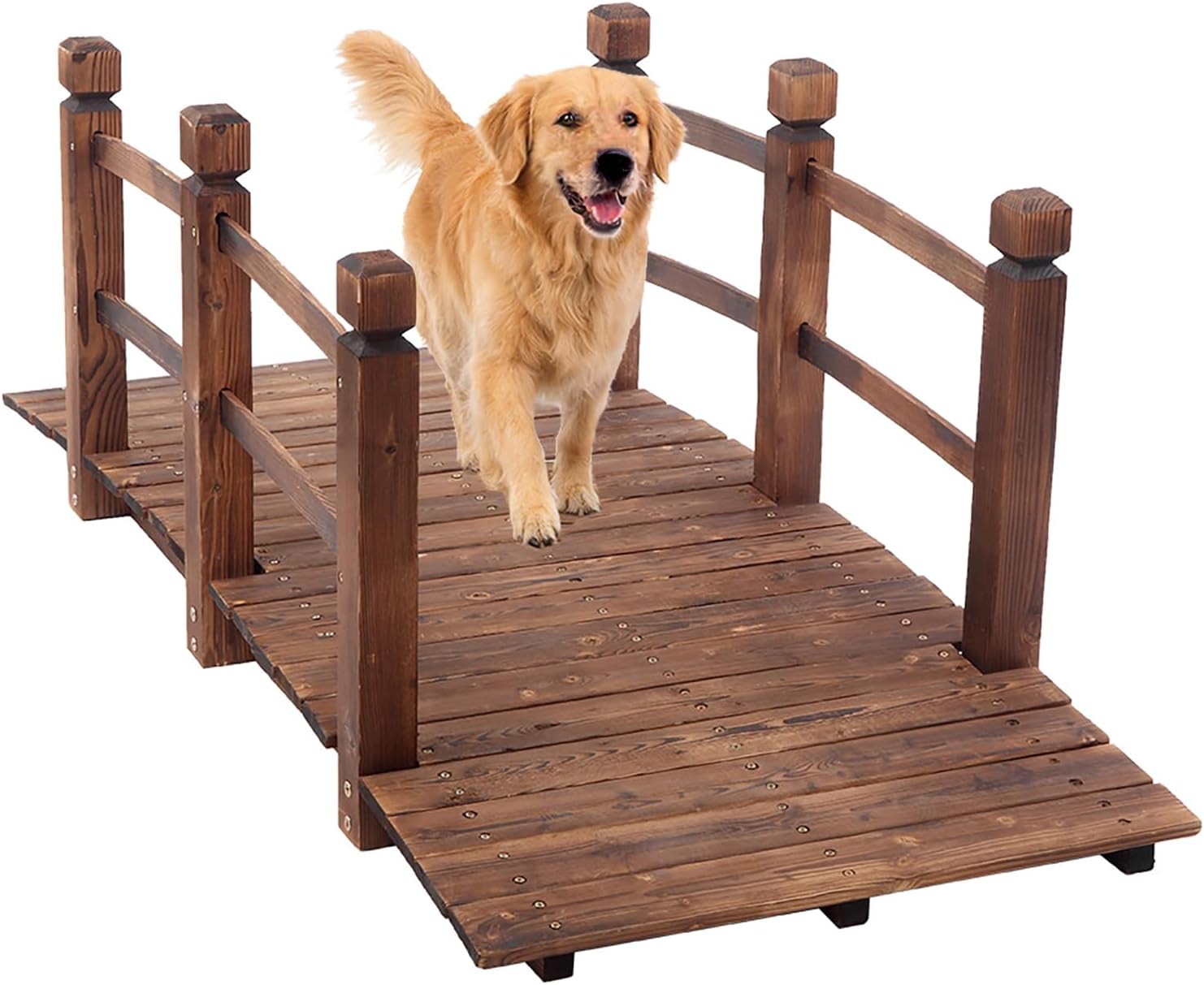 5FT Wooden Garden Bridge for Outdoors, Arch Footbridge, Courtyard Outdoor Decor Bridge for Garden Landscape, Lawn, Backyard, Stream, Pond, Yard, Path, 500 lbs Capacity (Carbonized Color)