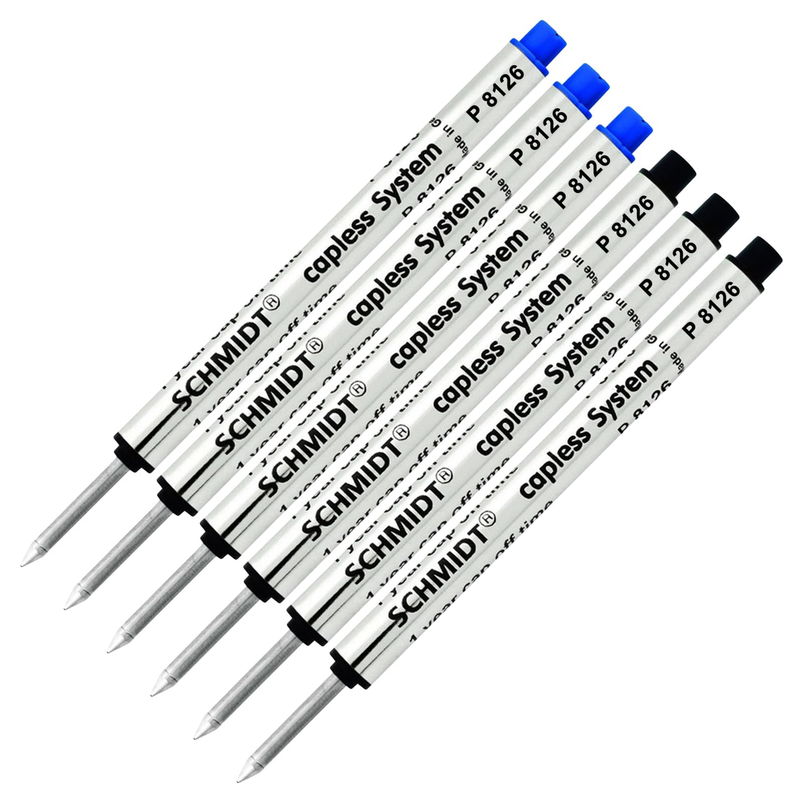 Schmidt P8126 Black, Blue Capless Rollerball Refill, Fine Tip 0.6mm - Pack of 6