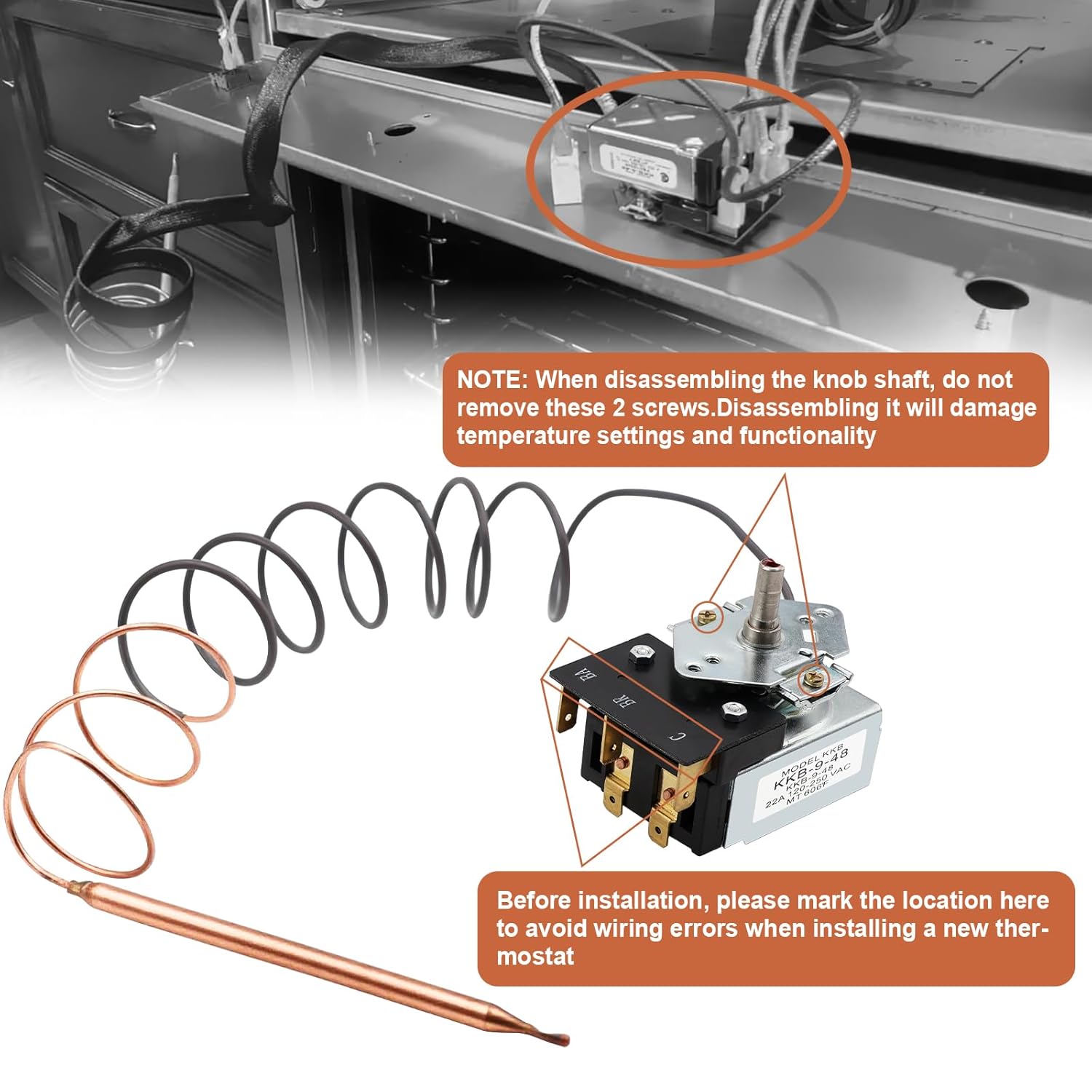 PB010036 KKB-9-48 Thermostat Broil Bake Compatible with Viking Awoco Range Stoves Oven Thermostat Fryer Parts Max Temp 606℉, 22A 120-250 VAC, Fit for EVGIC VGIC VGIS VGRC VGSC Series
