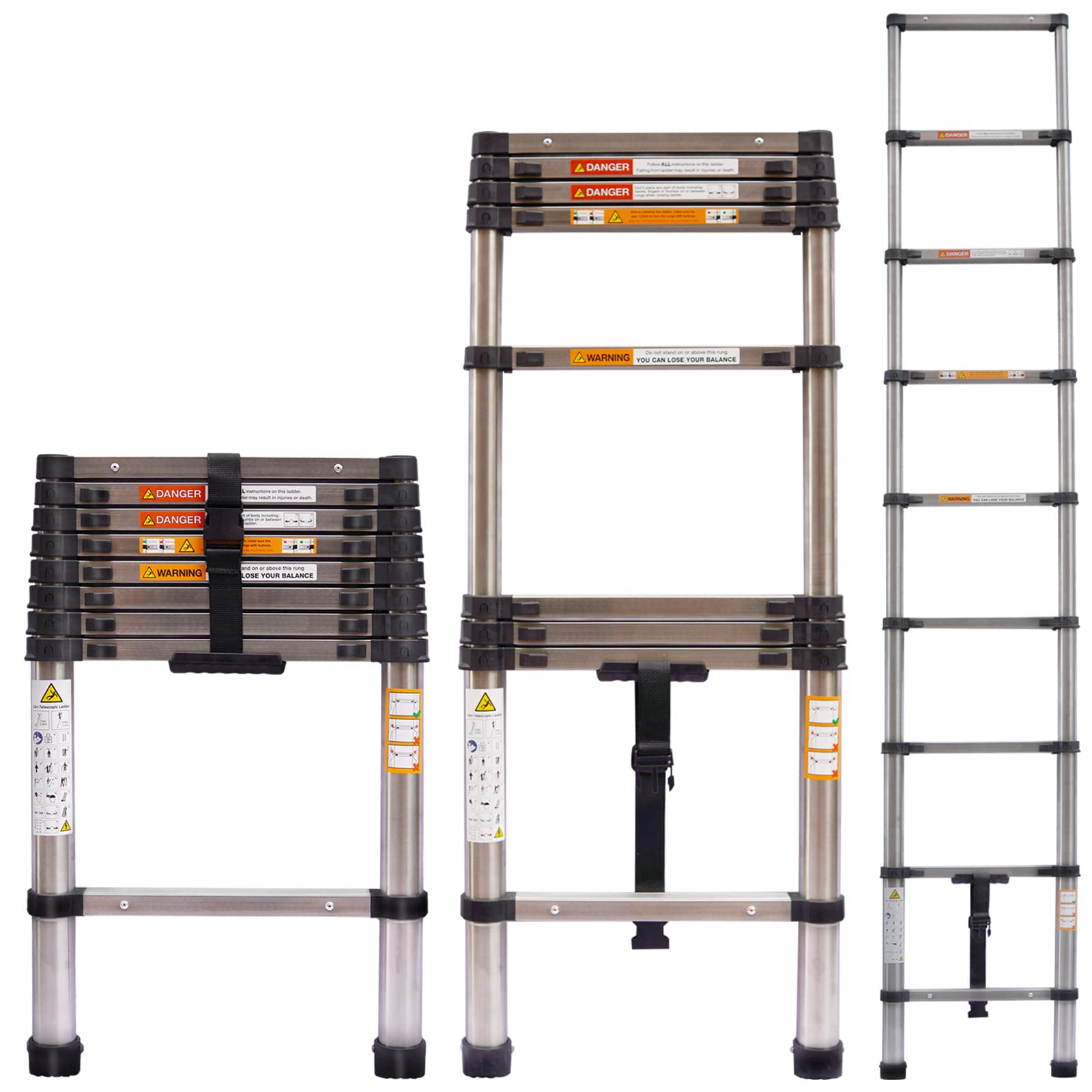 7Sevenjokers Telescopic Ladder, 2.6M Multi-Purpose Folding, Stainless Steel, Max Load 150kg/330lb