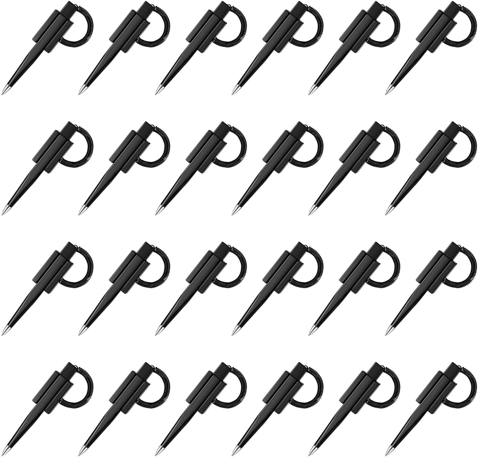 Zonon 24 Pieces Secure Counter Pens with Adhesive Chain Black Ink Counter Pen with Base Pen Holder and Plastic Coil Reception Pens for Home Bank Office Hotel Supplies