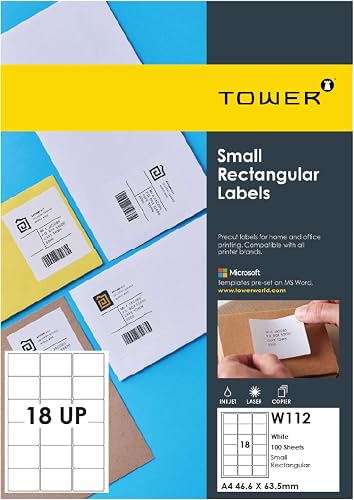 Tower W112 A4 Inkjet-Laser Printable Label 100 Sheets, 46.6 mm x 63.5 mm Size, White