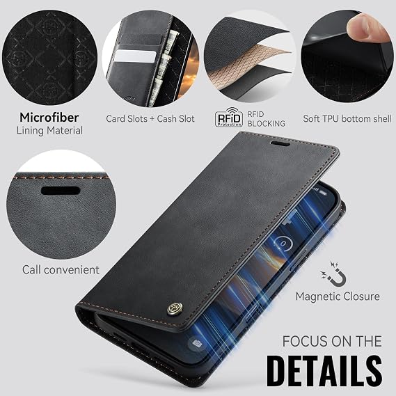 Mobile Phone Case iPhone 17 Pro Max Flip Case Premium PU Leather RFID Protective Case Foldable Stand Mobile Phone Case Leather Case Card Slot Stand Function Case for iPhone 17 Pro Max - Black