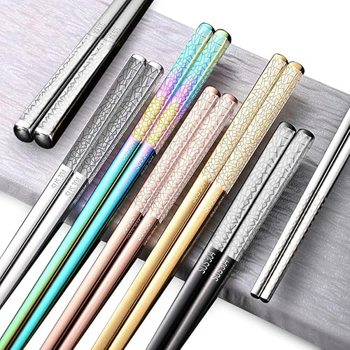 Zamety 5 PCS Metal Chopsticks, Chopsticks Reusable, Laser Engraved Stainless Steel Chop Sticks, Dishwasher Safe, Japanese Korean Style, Suitable for Rice Sushi Noodles, Rainbow