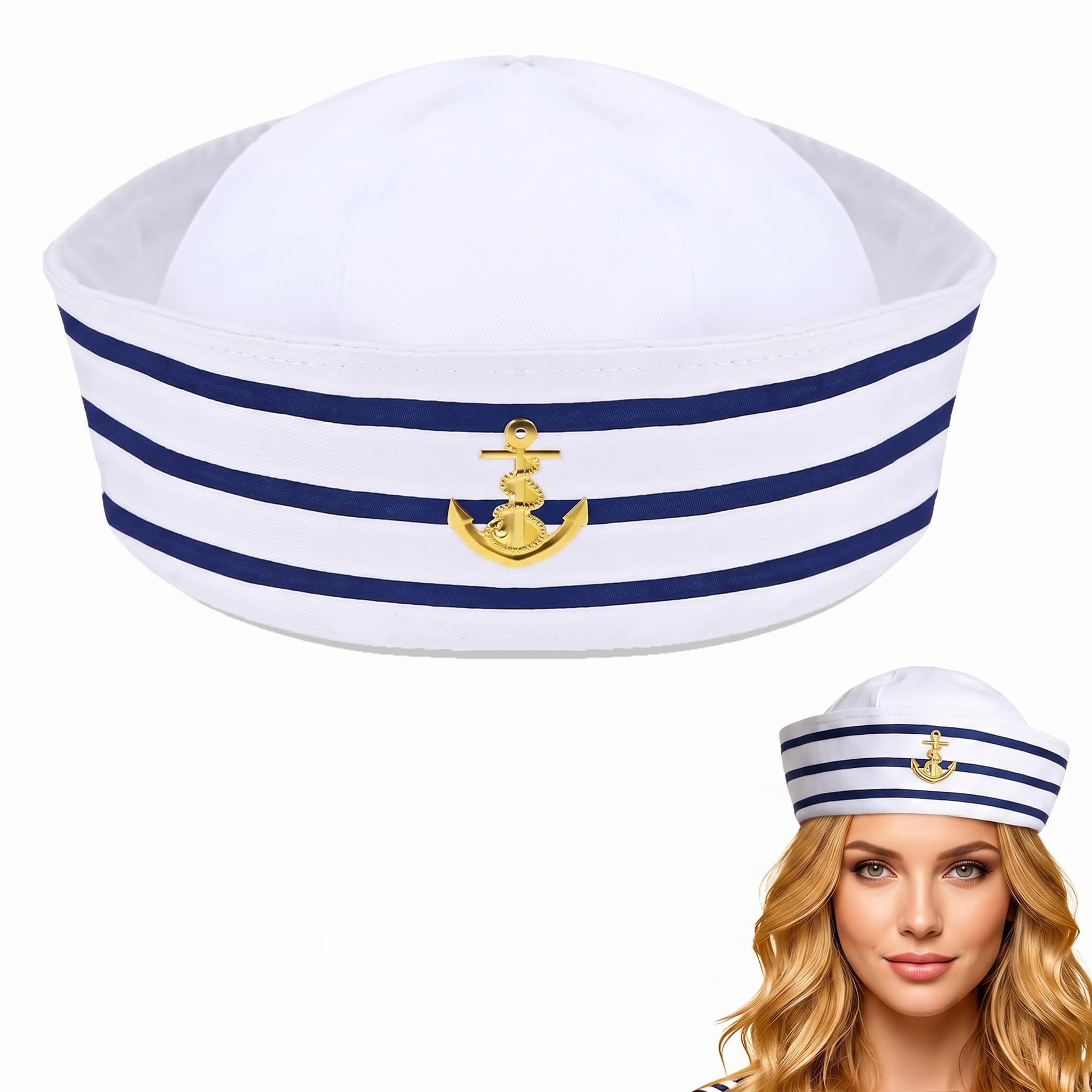 Sailor Hat,Blue White Striped Sailors Hats,Sailor Costume for Men & Women,Nautical Yacht Party Outfit Accessories,Navy Themes Sailors Fancy Dress,Sailor’s Headwear Dressing Up for Halloween Cosplay