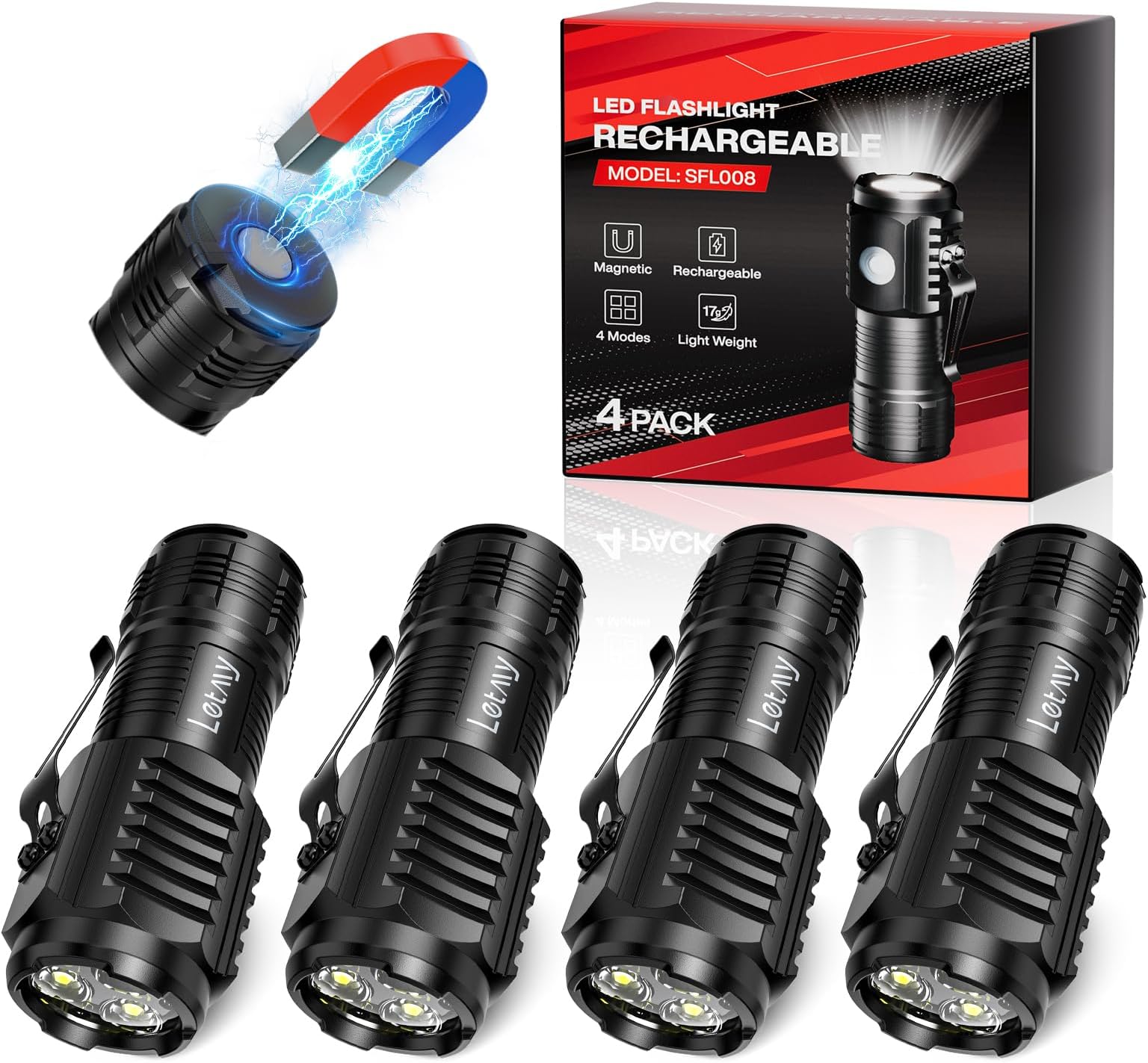 Rechargeable Mini Flashlights with Magnetic Base, 4 Pack Bright 3 LED Flash Lights, Small EDC Flashlight with Belt Clip, 4 Lighting Modes Portable Rechargeable Flashlights for Camping Home