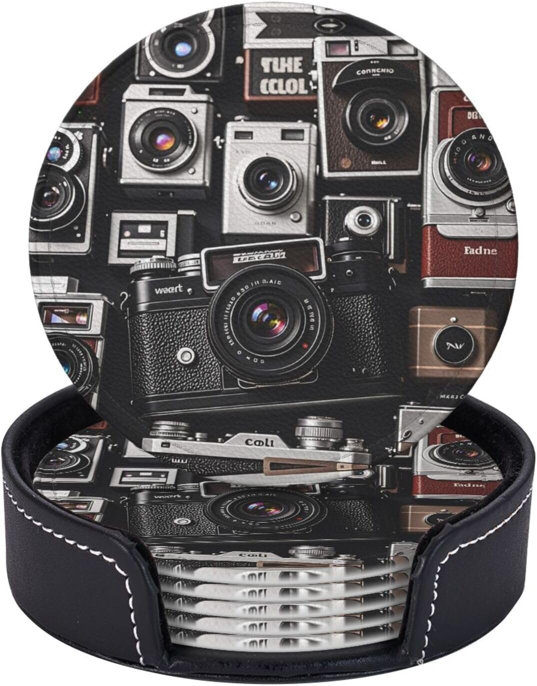Drink Coasters with Holder Retro Cool Camera Collection Coasters 6 Pcs Round Coasters for Drinks Mugs Mat Cup Pad Leather Coasters for Coffee Table Kitchen Dining Room Bar Decor 3.9 Inch