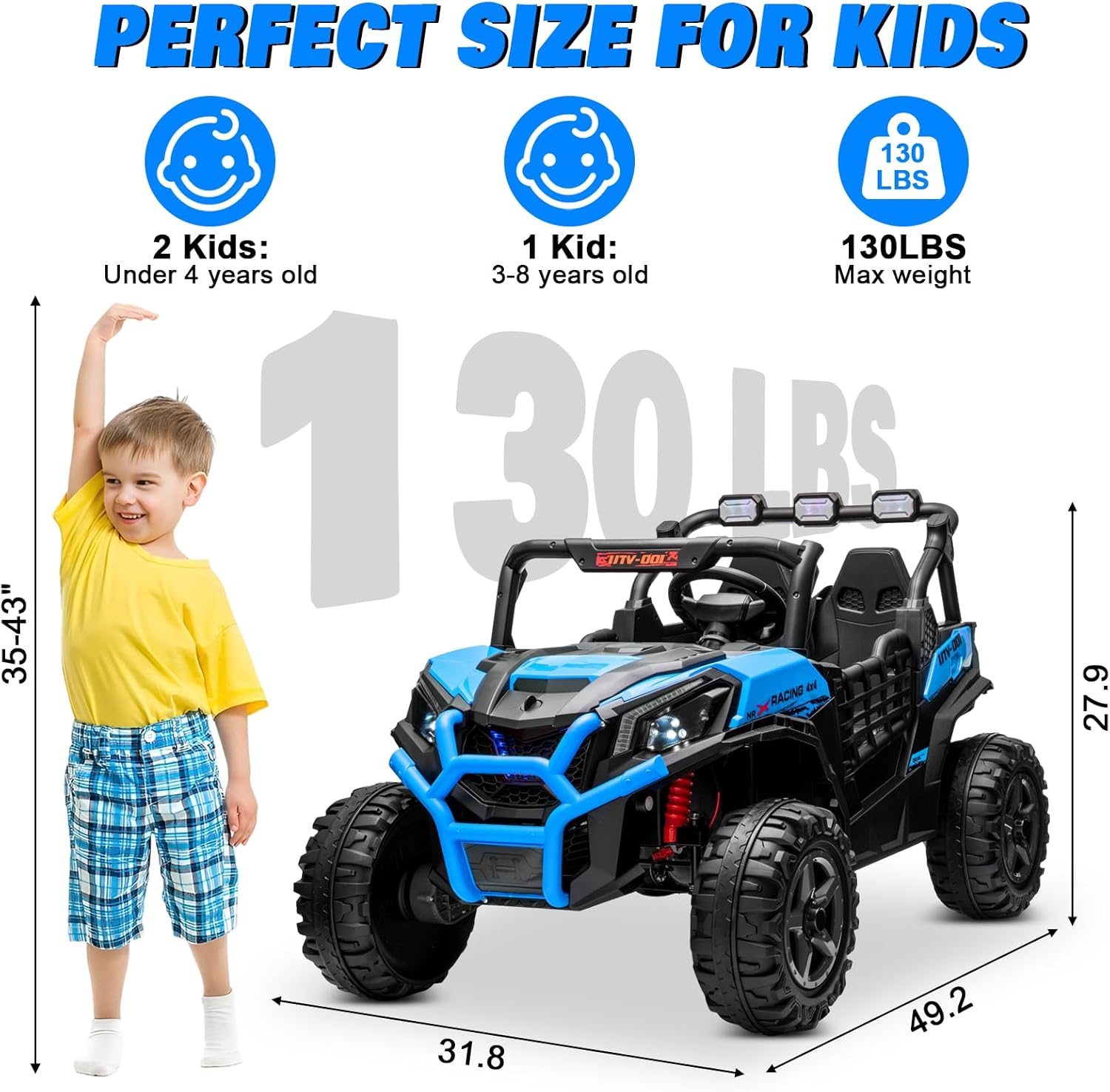 24V 2-Seater Ride On Car Truck w/4x200W, 20" Spacious Seat, 4WD/2WD Switchable, 5 Mph Max Speed, Rainbow Lights, Remote Control, Soft Start, Storage, Electric Car for Kids Ages 3-8, Blue