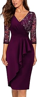 Women's Classy V-Neck Glitter Sequin Lace 3/4 Sleeve Cocktail Party Dress
