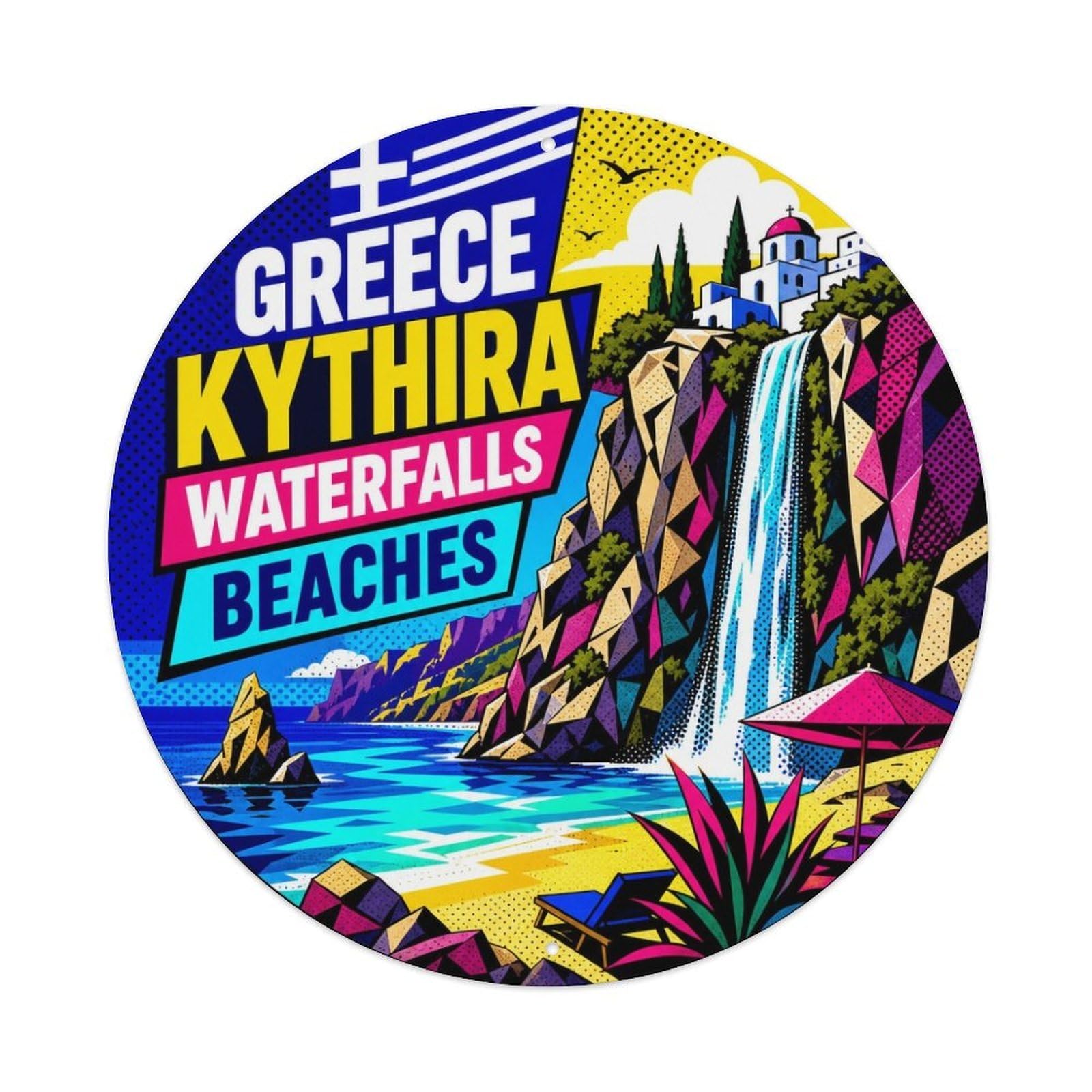 Kythira Waterfalls Greek Pop Style Seaside Scenery Metal Tin Sign Plaque Wall Decor for Cafe, Man Cave, Club Bar, Office, Home Garden Round Metal Poster 8x8Inch