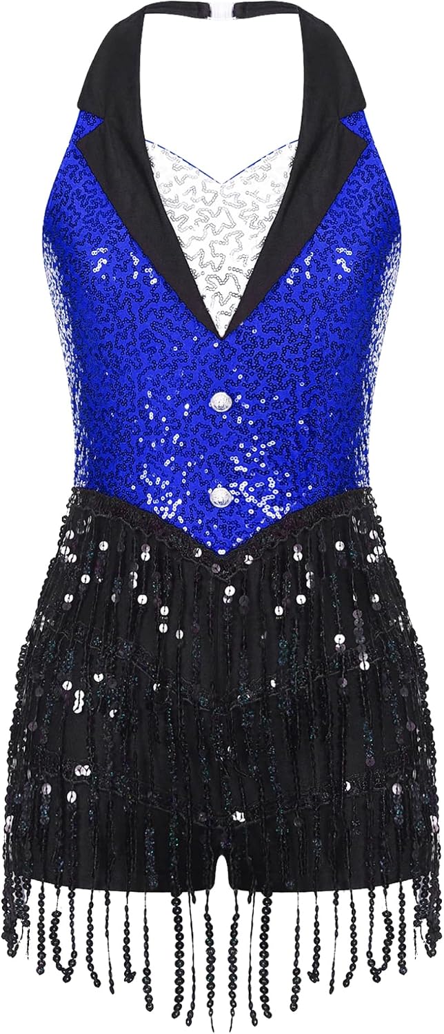 Oyolan Womens Jazz Latin Dance Costume Shiny Tassel Halter Sleeveless Backless Fringe Leotard Bodysuit