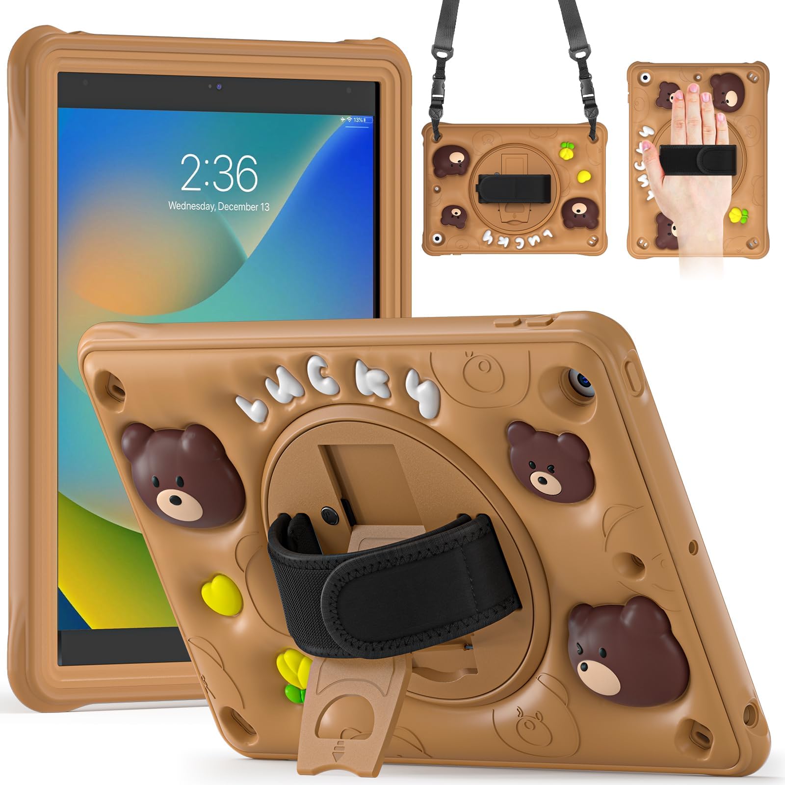 Cover for iPad 9/8/7 Generation 10.2 inch (2021/2020/2019), Rugged Shockproof Kids Case with 360 Rotating Stand/Hand Strap/Shoulder/Pen Holder for iPad 10.2, Brown