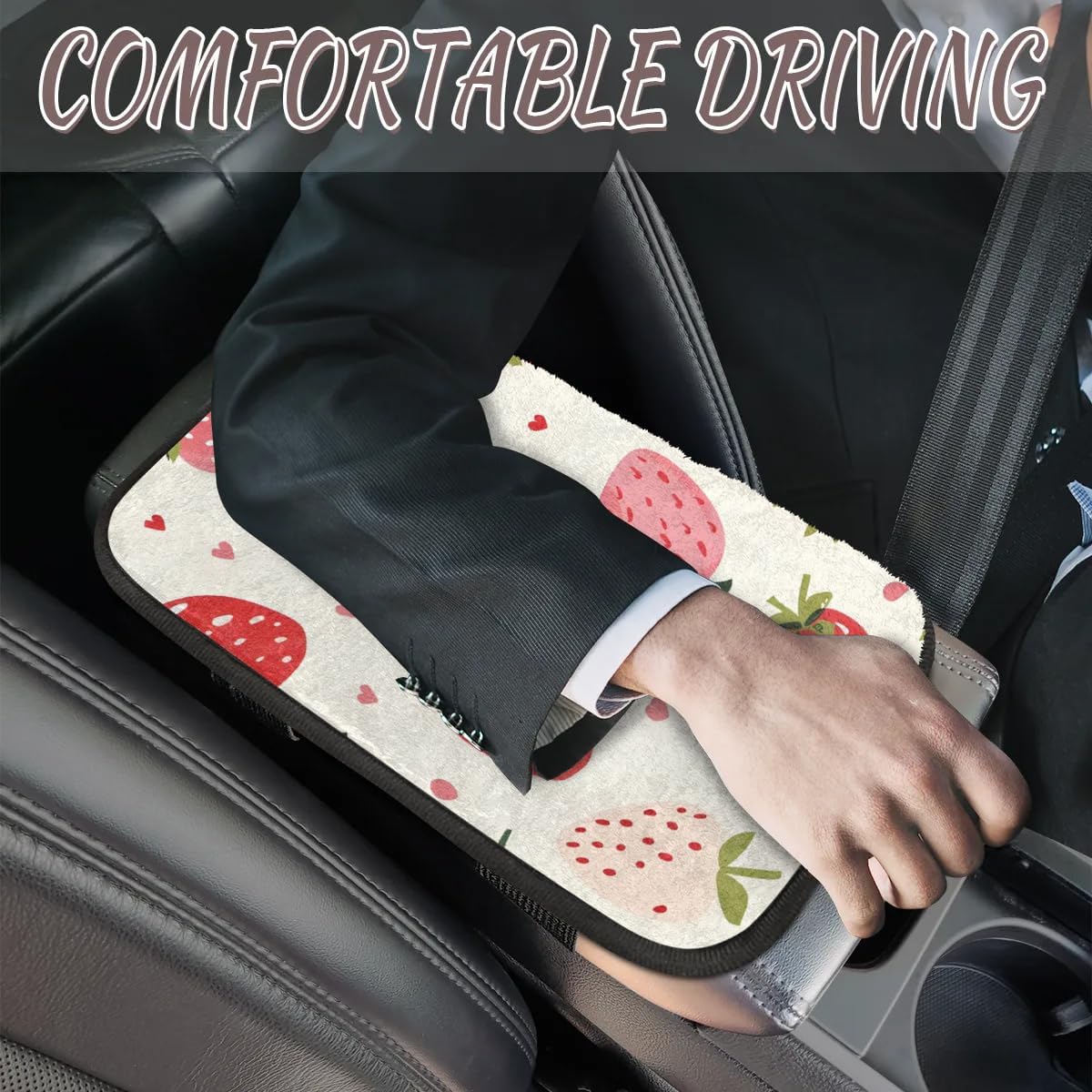 Car Center Console Cover Pad, Arm Rest Cover for Cars Accessories Cute, Printing Car Armrest Covers Protector for Car Armrest Storage Box, Auto Accessories Interior Universal Fit (White Strawberries) image 4