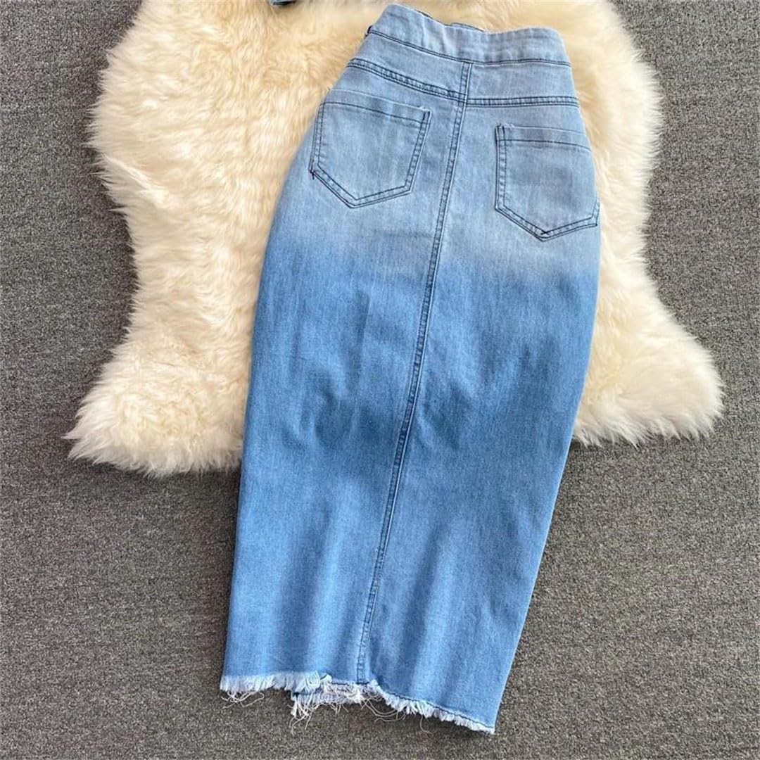 Women's Denim Long Skirt Top Suit Single Breasted Washed Distressed Two Piece Outfit