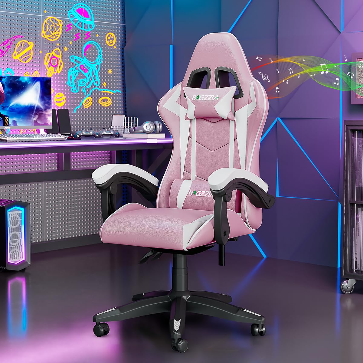 bigzzia Ergonomic Gaming Chair - Gamer Chairs with Lumbar Cushion + Headrest, Height-Adjustable Office & Computer Chair for Adults (with Bluetooth Speaker, Pink)