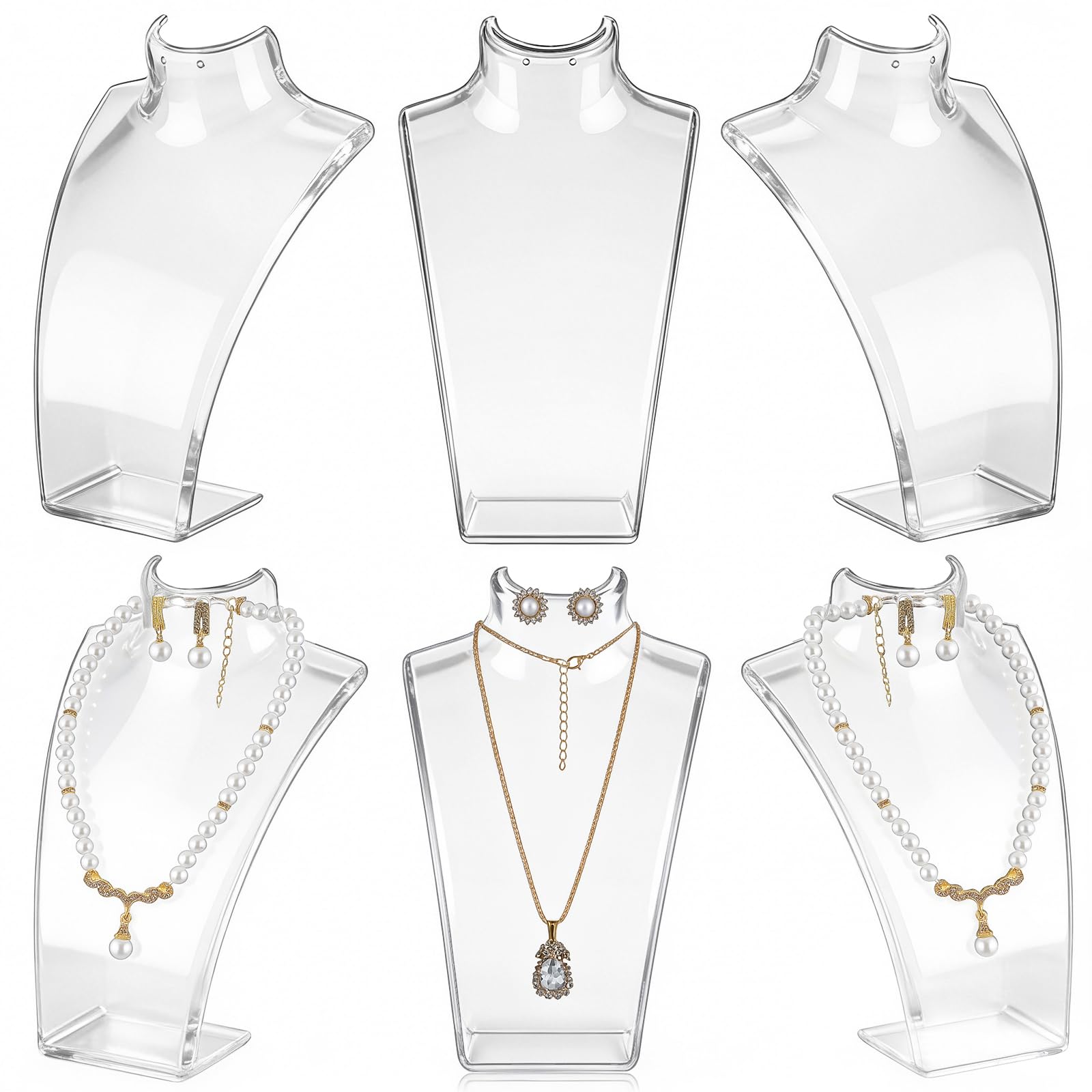 aceorbit 6 pcs acrylic necklace display for vendors, jewelry bust stand holder, 7.87 x 5.12 x 2.36 inch jewelry display mannequin for earrings necklace, retail store & trade shows (clear)