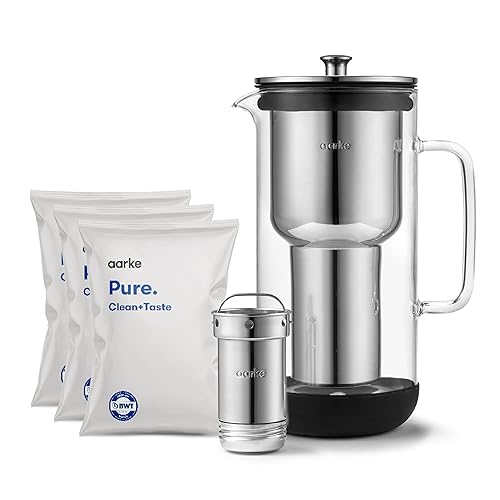 Miniatura 9 de aarke Jarra de agua de vidrio purificador, filtro de acero inoxidable recargable, rendimiento de 8 semanas, sin BPA, apto para lavavajillas,
