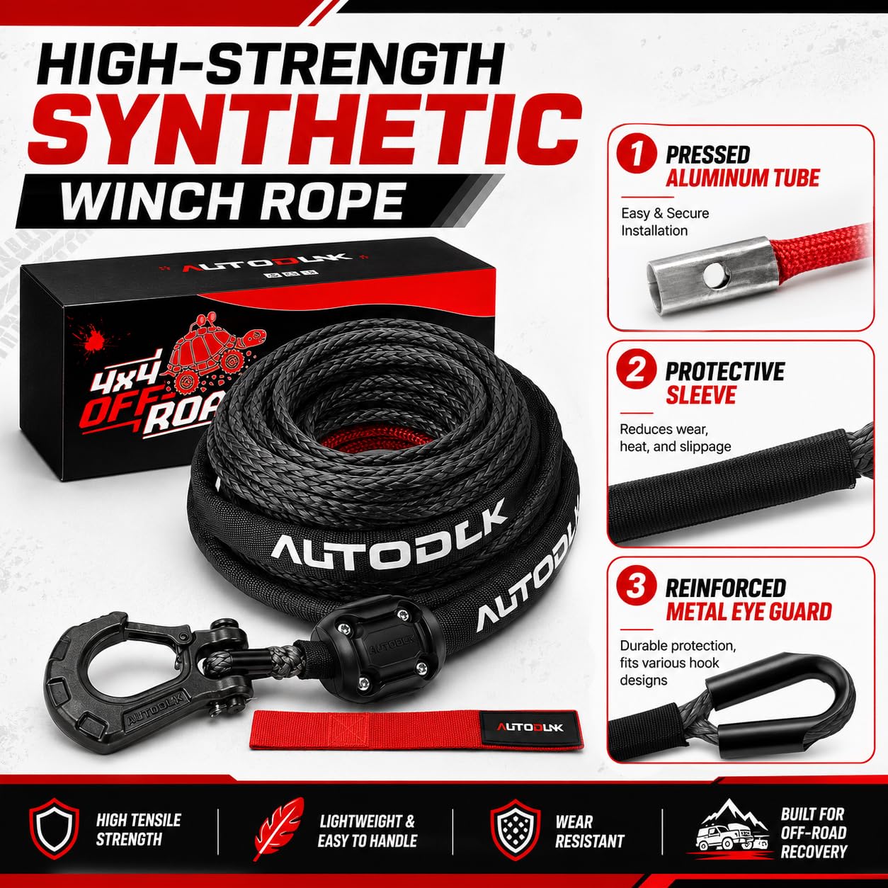 Kit cavo verricello sintetico 1/4 x 50 piedi 1000 libbre linea corda verricello nero con custodia protettiva+tappo in gomma + gancio verricello + cinghia di sicurezza per ATV UTV SUV