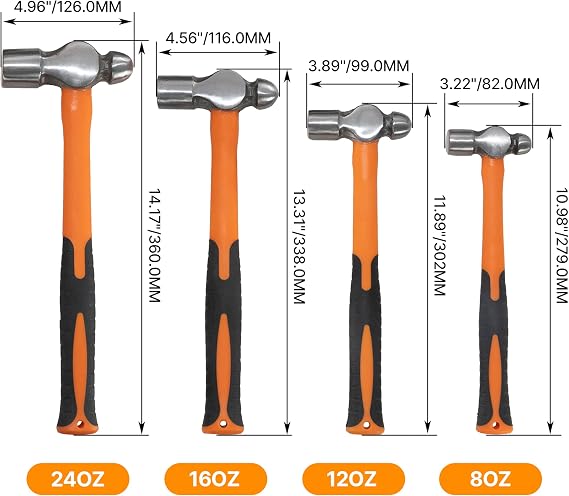 HFS(R) 4-Piece Ball Peen Hammer Set, 8 12 16 24oz, Fiberglass Handle, Blow Striking Ball Pein Hammer Handle Tool with Forged Steel Construction & Shock Reduction Grip for Metal Working