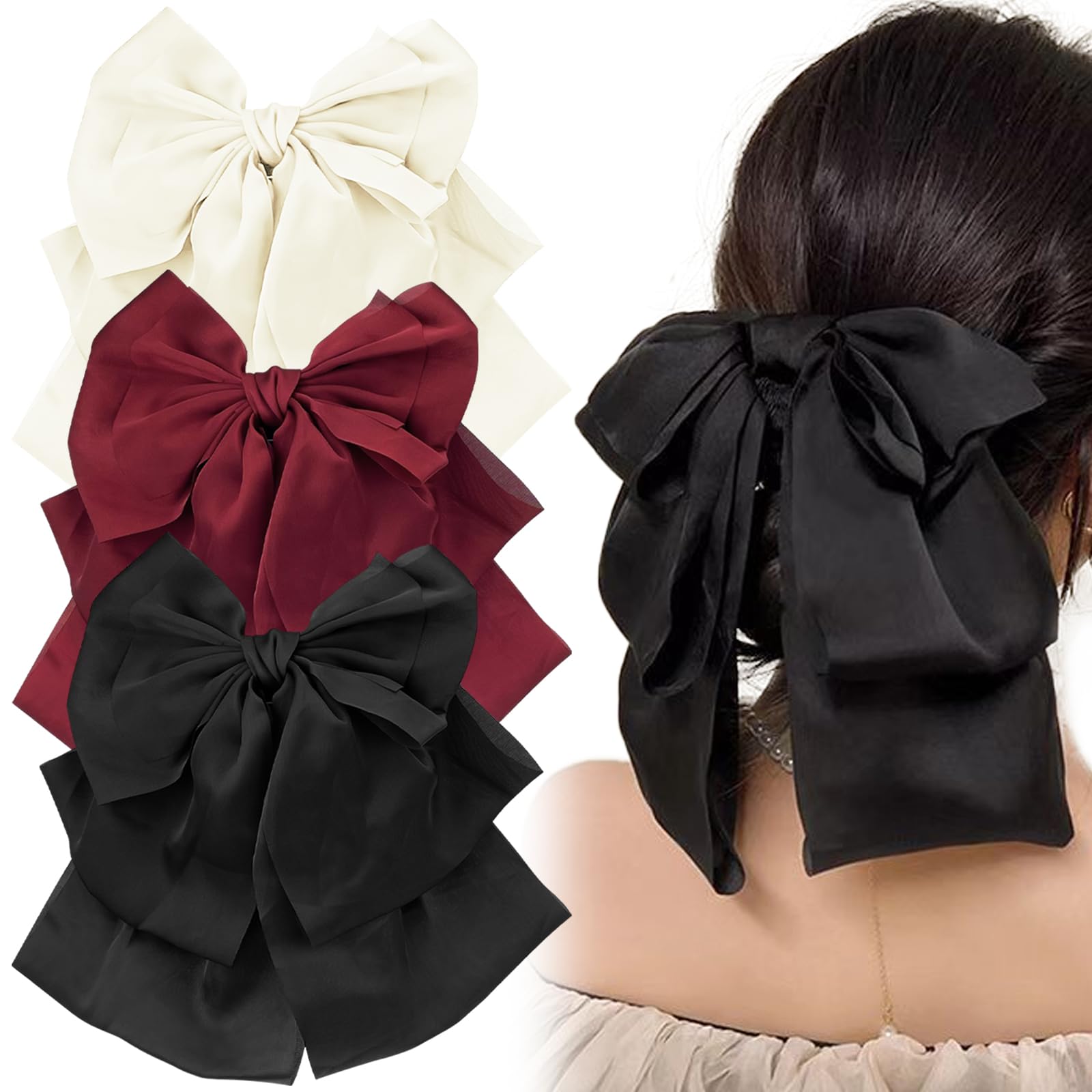 3 Pcs Large Satin Silk Bow Hair Claw Clips Ribbon Chiffon Bowknot Hair Clips French Style with Long Tail Ponytail Hair Decorations Accessories for