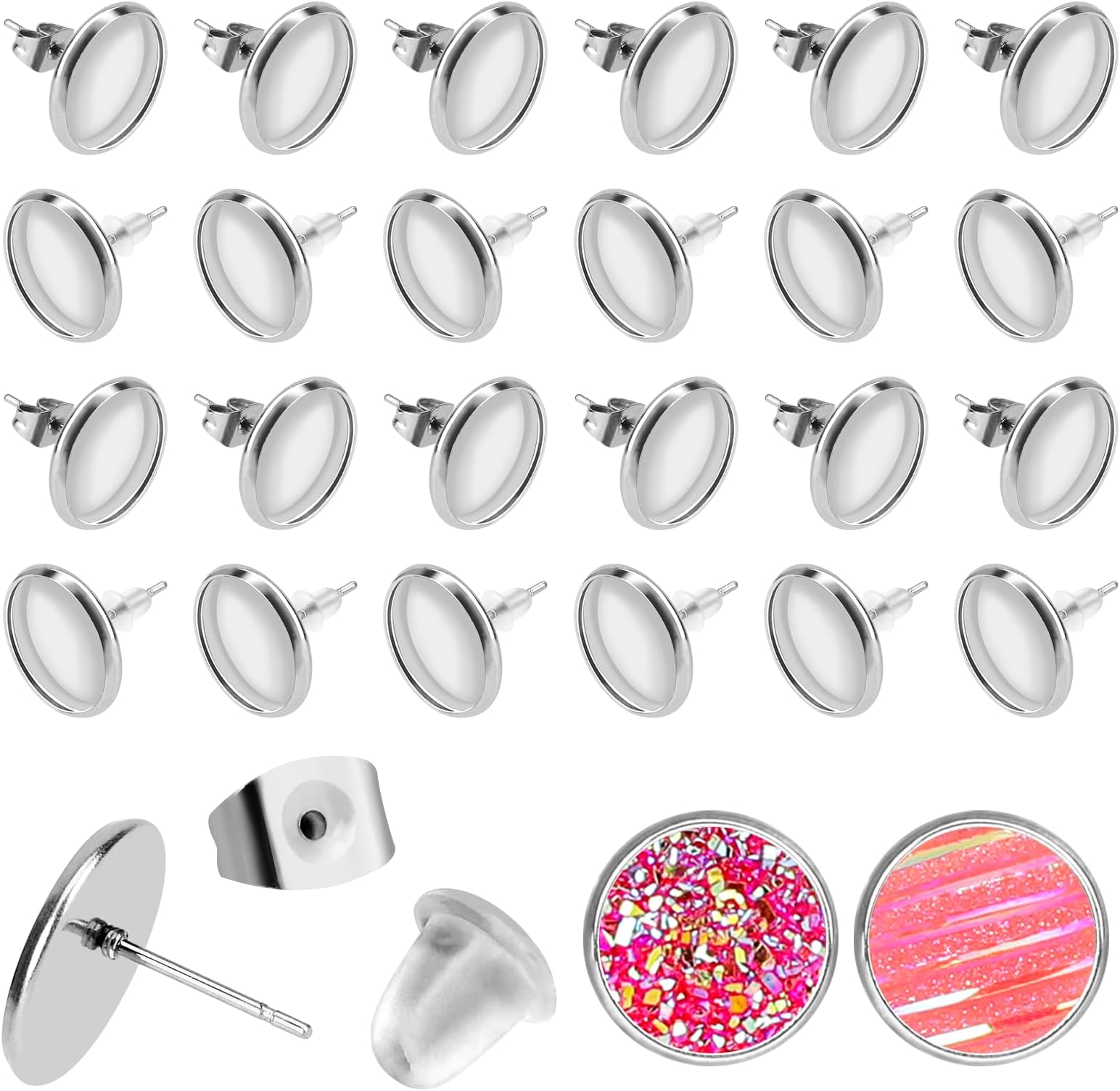 300Pieces Stud Earring Kit Bezels for Jewelry Making Blank Include 100 Stainless Steel Blank Stud Earring 100 Silver Stainless Steel Earring Back 100 Clear Silicone Earring Backs for DIY Making
