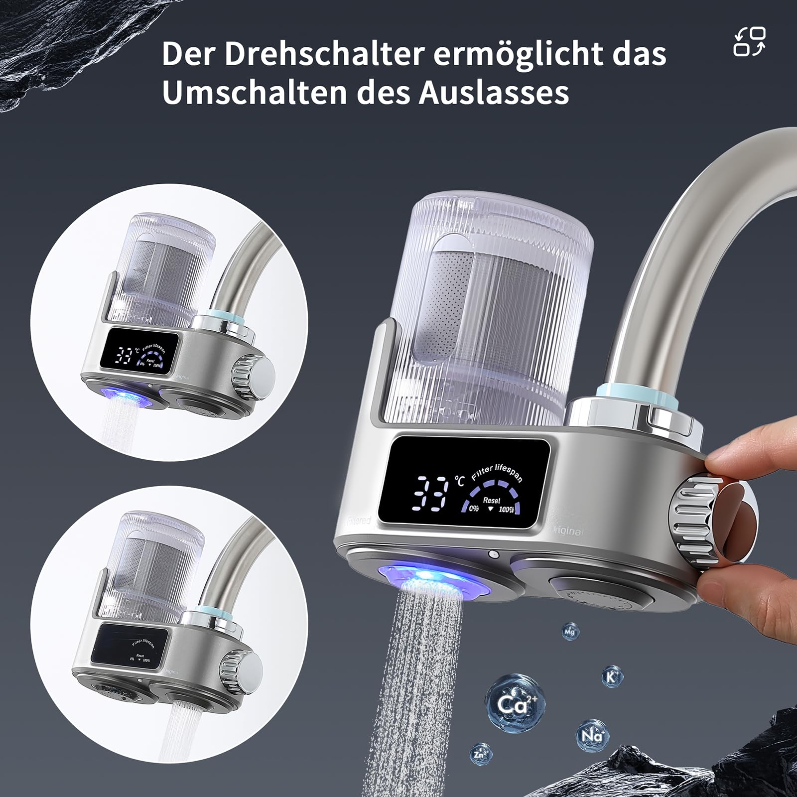 HOMELODY Wasserfilter Wasserhahn mit LED Anzeige, Wasserfilter Trinkwasser für Küche, entfernt Chlor, Schwermetalle & Kalk, Kalkfilter Wasserhahn mit Blaulicht, 12x Adapter (Inkl. Filter*1)