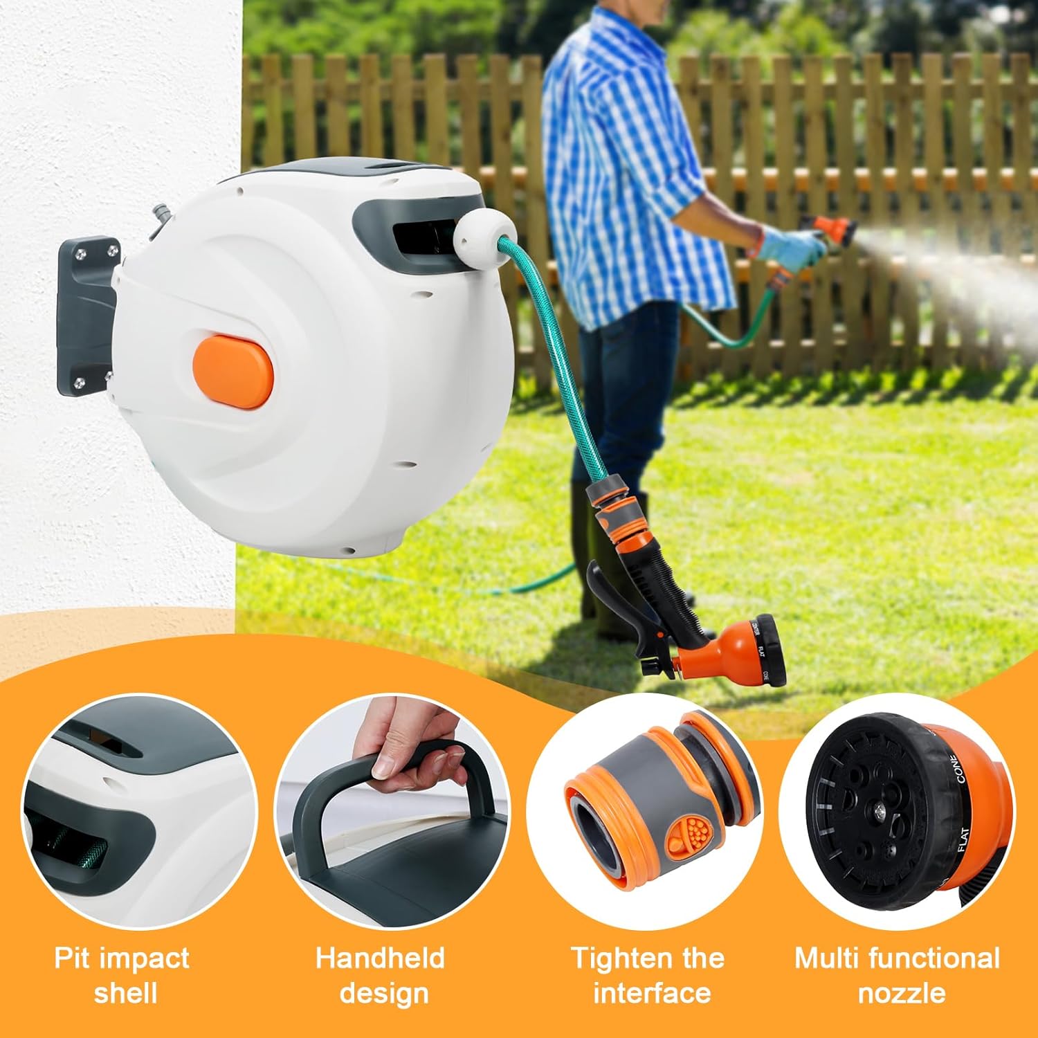 Retractable Garden Hose Reel 100ft - Wall Mounted Heavy Duty Hose Reel with 6 Pattern Nozzle - Auto Rewind System, Any Length Lock, 180° Swivel Bracket