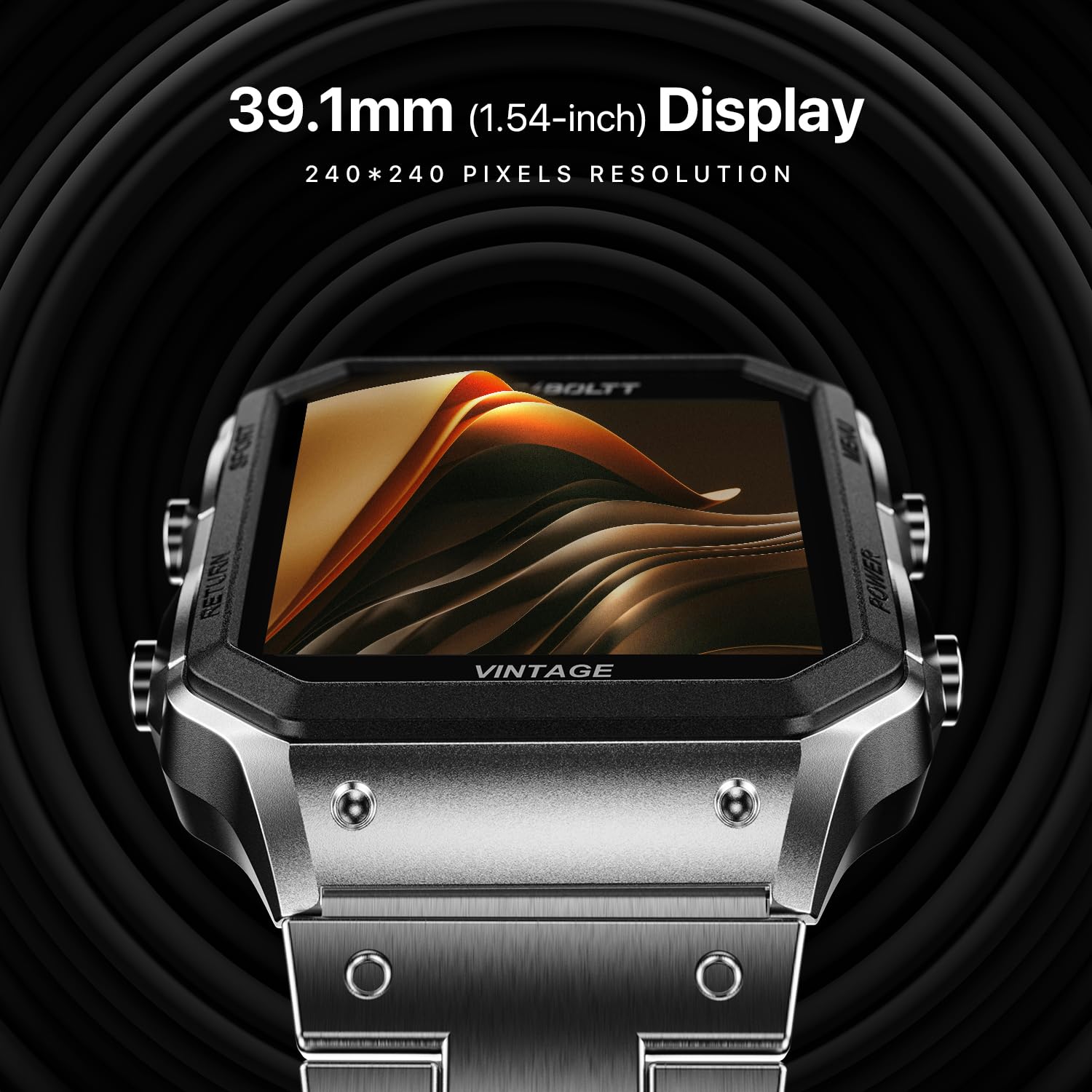 Close-up of the Fire-Boltt Vintage Smartwatch display, showing its 39.1mm screen with 240x240 pixel resolution.