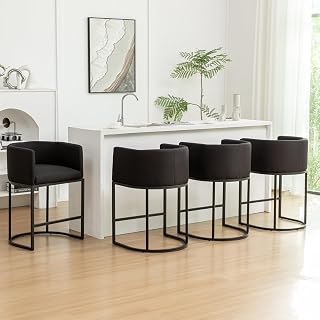 Counter Height Bar Stools Set of 4, 25" H Modern Barstools with Backrest, Barrel Counter Stools with Metal Frames, Linen Fabric Upholstered Bar Stool for Kitchen Island, Pub, Cafe (Black)
