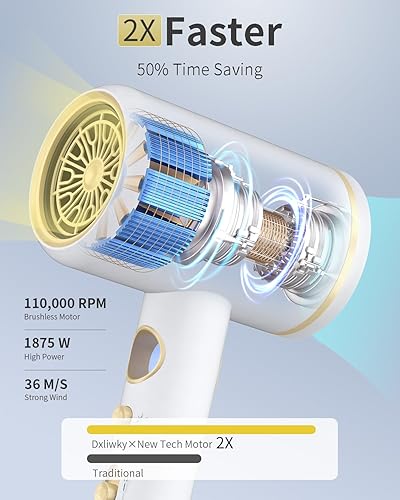 Miniatura 2 de Secador de pelo profesional, secador iónico de alta velocidad de 1875 vatios con boquilla difusora, concentradorpeine, pantalla LED de temperatura,