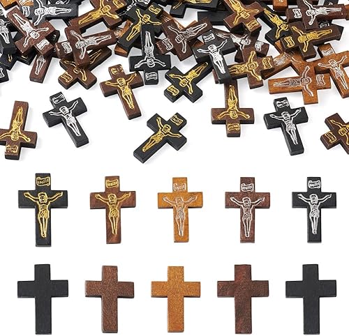 Cheriswelry 100 colgantes de crucifijo de madera con cruz de crucifijo, con estampado de crucifijo, madera teñida, religiosa, colgante de 32,5 a