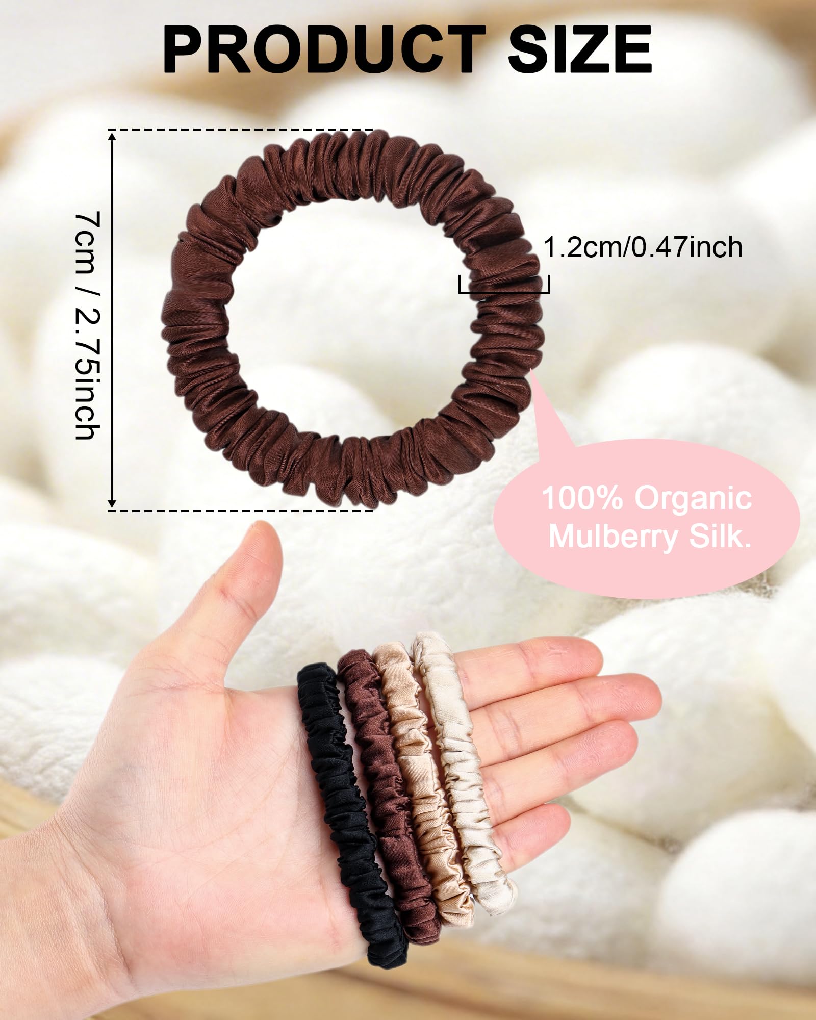 Pack de 4 Coleteros de Seda Natural 100% Mora 16 Momme, Gomas de Pelo Seda Antirotura para Mujer, Scrunchies Pelo Antifrizz para Dormir y Diario, Tonos Chocolate y Tierra