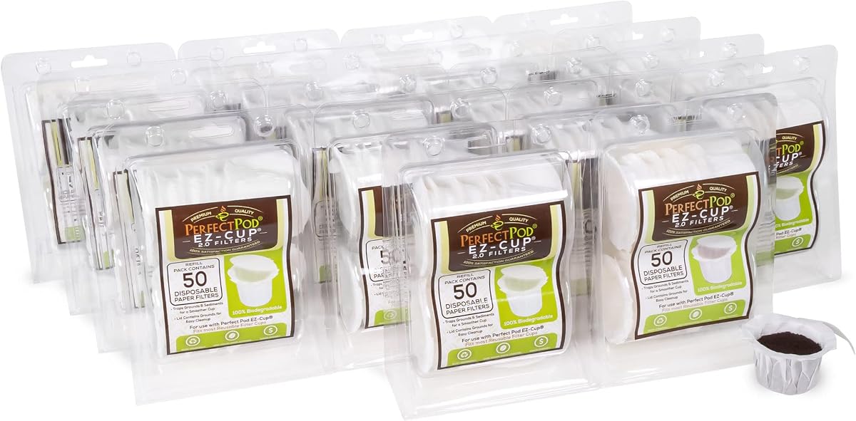 Filtros de papel Perfect Pod EZ-Cup con tapa para cápsulas de café reutilizables, 900 unidades | 18 paquetes de 50 filtros 100% biodegradables, diseño de tapa patentado, se adapta a cápsulas K-Cup reutilizables y cafeteras Keurig