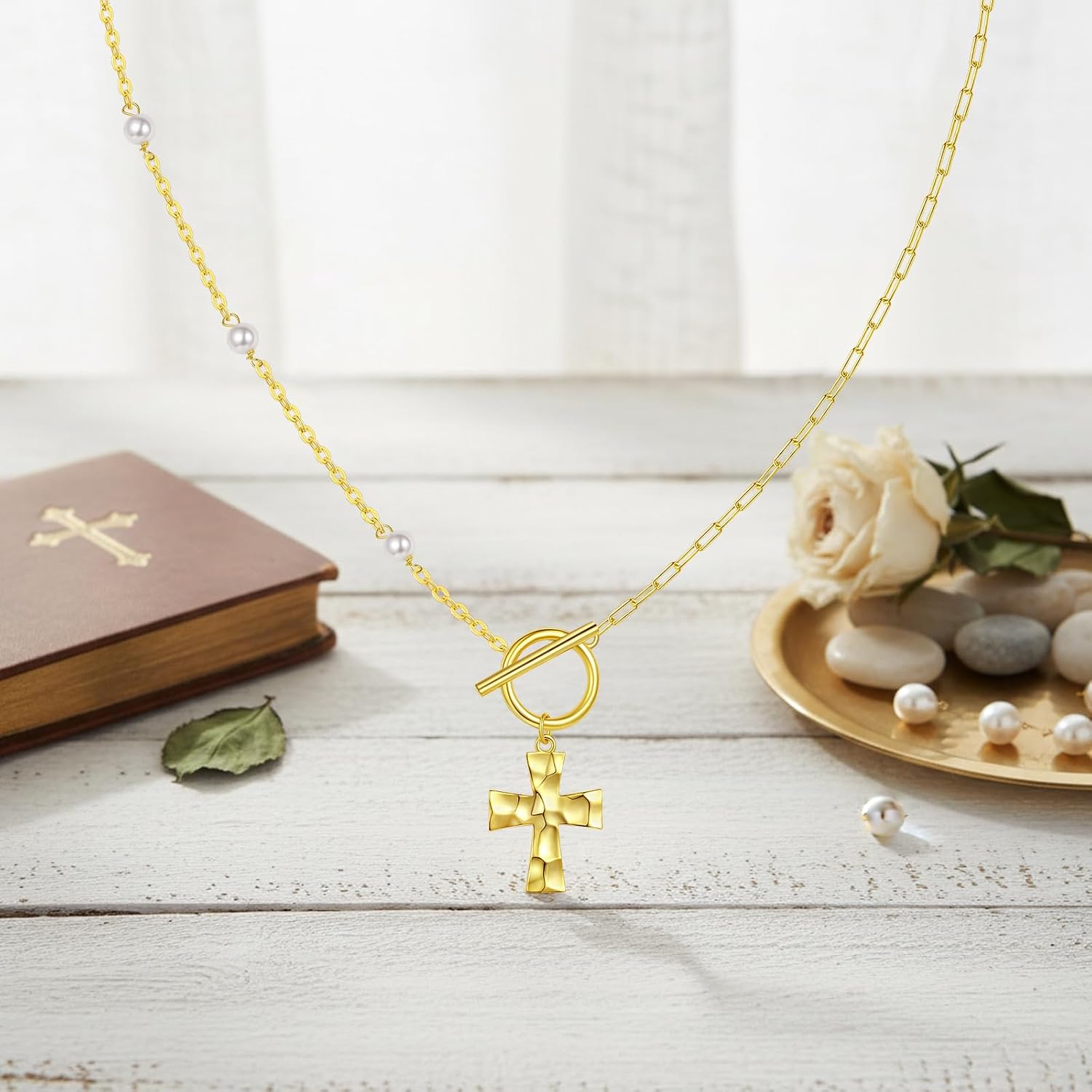 Toggle Necklace for Women Sterling Silver 14K Gold Plated Cross paperclip necklace Peral hammered cross necklaces Pendant Jewelry Gift - Image 5