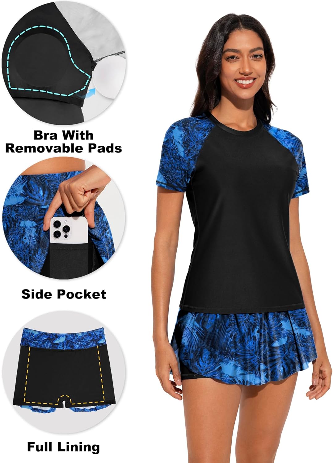 Tournesol Women's 2 Piece Rash Guard Short Sleeve Swim Shirts UPF 50+ Built in Bra Swimsuit with Culottes with Pockets