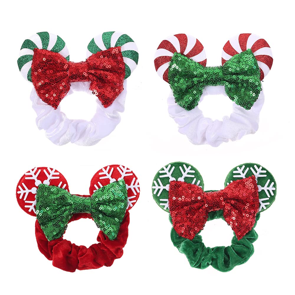 Christmas Velvet Mouse Ear Hair Scrunchies Lollipop Sequins Bow Ponytail Holder Festival Costume Hair Accessories for Women Girls (christmas set)