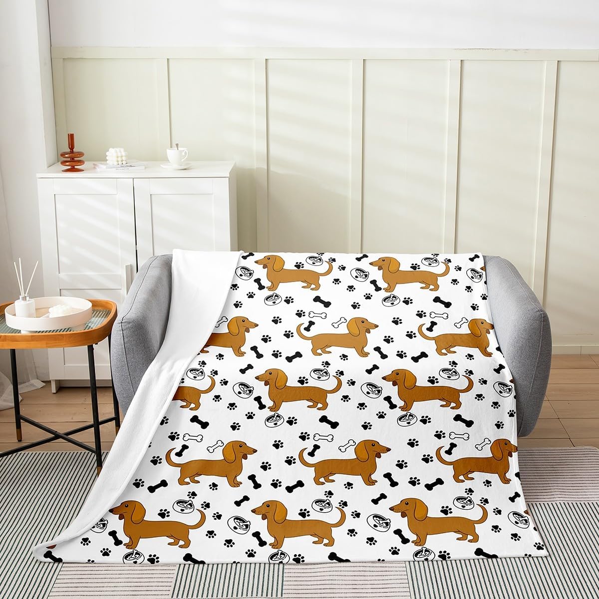 Cartoon Dachshund Kids Throw Blanket Black White Paw Print Bone Graffiti Flannel Blanket for Boys Girls Teens Cute Brown Puppy Pet Animal Fleece Blanket for Office Chairs Throw 50x60