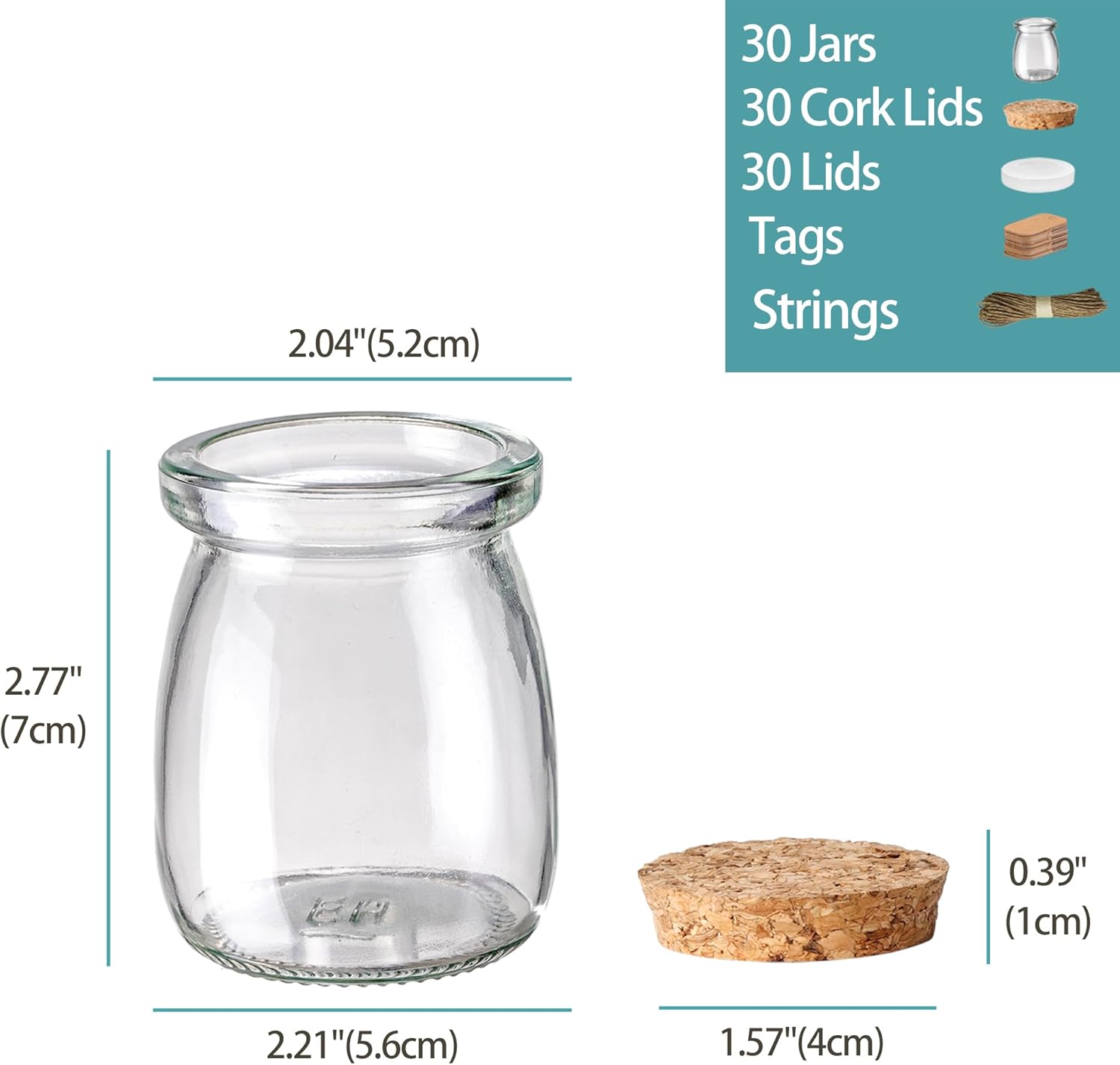 30 Pack Glass Favor Mini Jars, 3.4 oz Small Jars with Cork Lids, Pudding Containers with Lids, Apothecary, Candle Making with Fun, Gift for Candy, Wedding Favors Honey Pot, with Label Tags and String
