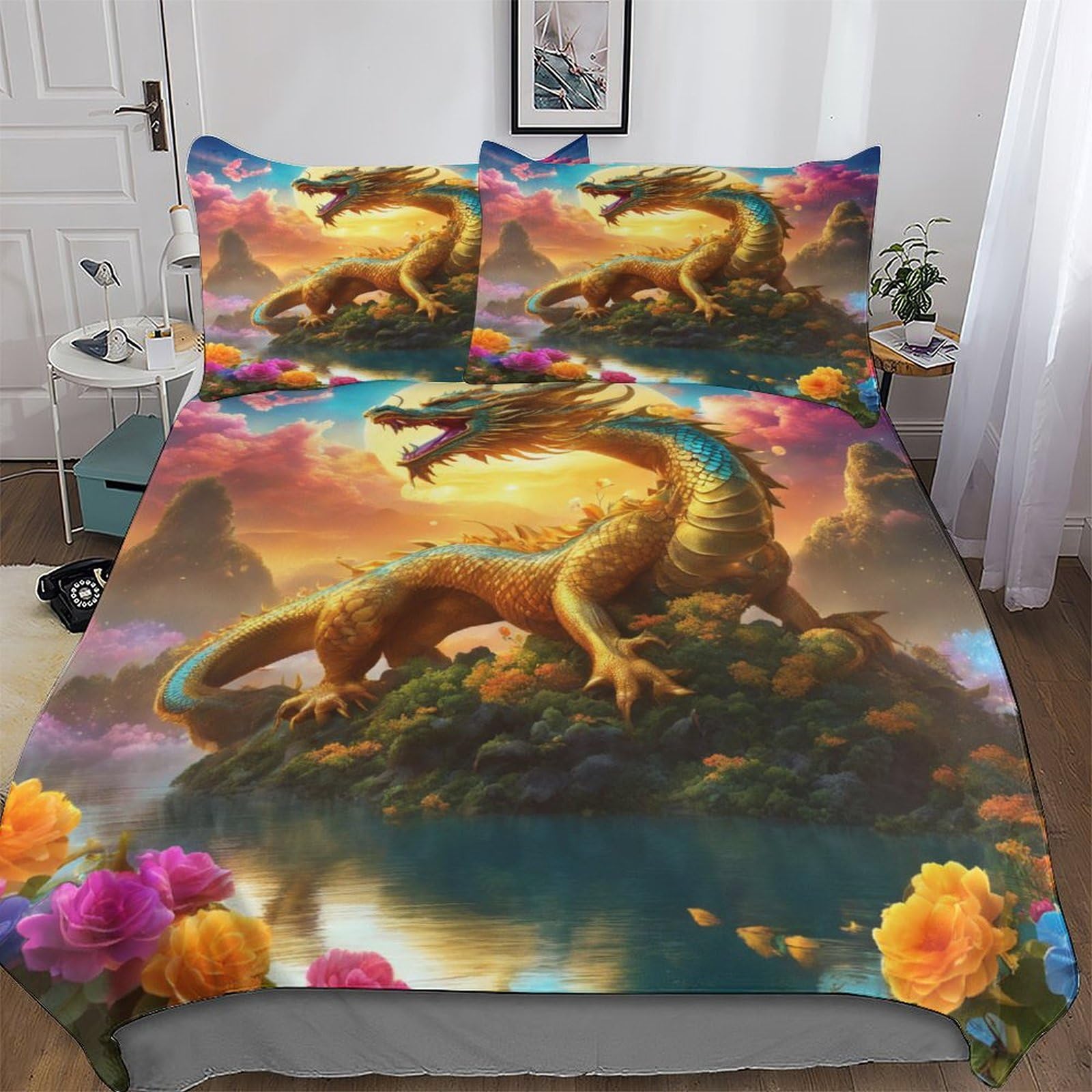 Housse de couette dragon parure de lit adulte et ado pour chambre fantastique