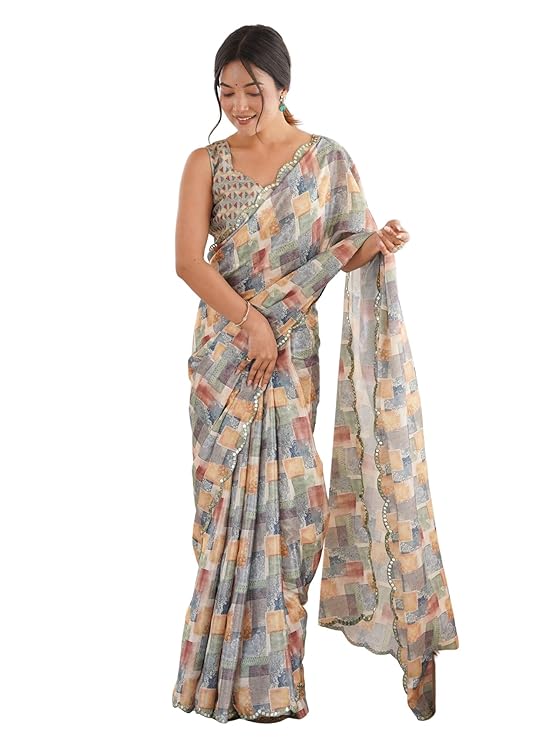 Women's Chinon Digital Print Saree With Mirror Work Scallop Border