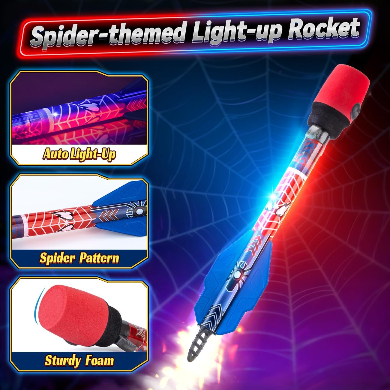 Light Up Slingshot Rocket Launcher for Kids - Spider Themed Auto Glow in Dark Foam Rockets, 250FT Outdoor Flying Toy, Stocking Stuffers for 6 7 8 9 10 Year Old Boys & Teen Superhero Fans