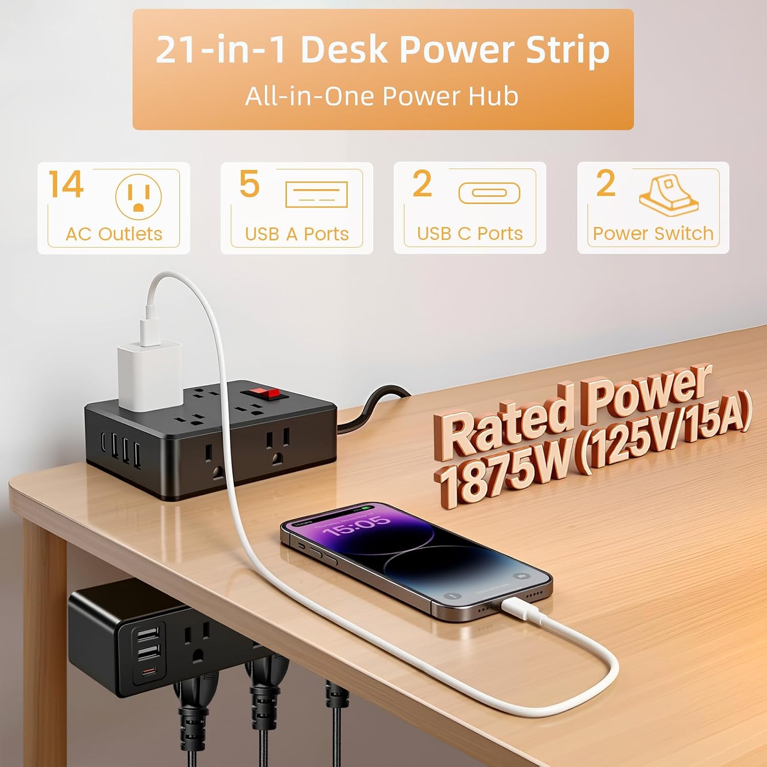 Desk Clamp Power Strip 14 AC 5 USB A 2 USB C 1700J Surge 10Ft image 2